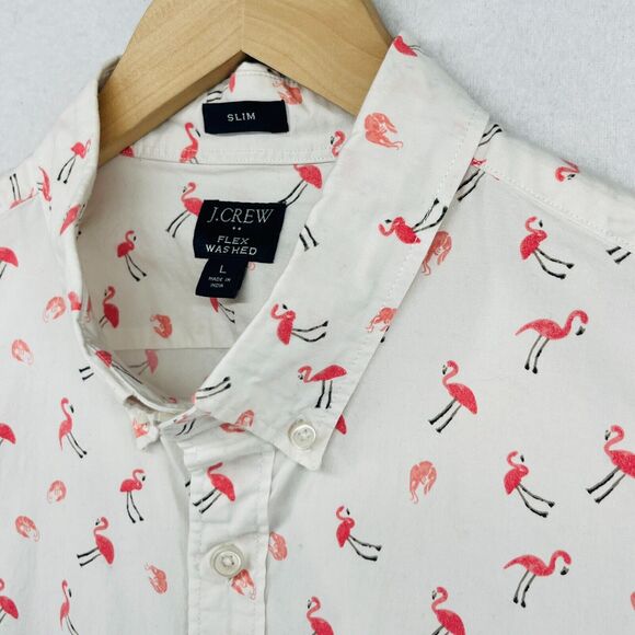 J.CREW Other - J.CREW Shirt Mens L Flex Washed Slim Flamingos Print Short Sleeve Woven White